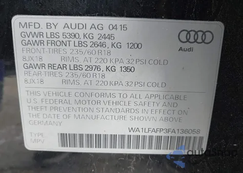 2015 Audi Q5 2.0T Premium из США, поврежденный, VIN WA1LFAFP3FA136058